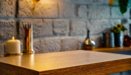 Cozy empty table edge for products display with hazy candle light