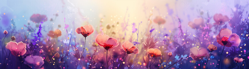 A dreamy meadow blooms with vivid poppies and wildflowers in a whimsical dance of dawn