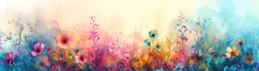 A serene watercolor garden comes to life with a myriad of flowers basking in a dreamlike haze