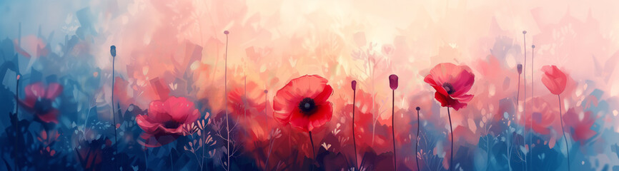 Poppies whisper in hues of crimson and blue, painting a serene symphony at dawn's light