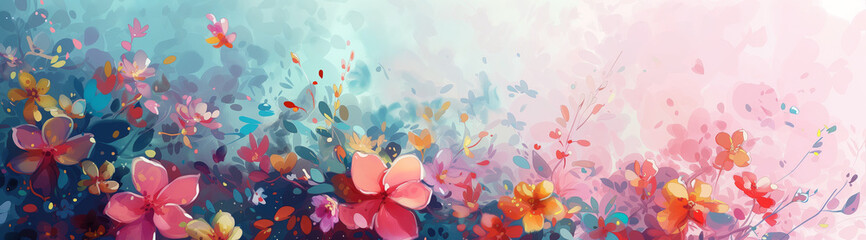 A whimsical burst of floral splendor unfolds in soft pastels across a painterly sky