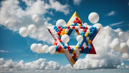 Israel Independence Day. Star of David in the sky, balloons, confetti. Holiday concept - obrazy, fototapety, plakaty