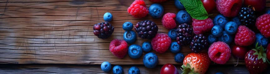 Scattered berries on weathered wood create a tapestry of taste and texture in natural light