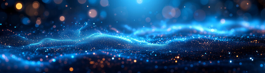 A cosmic dance of glittering particles and waves in a mesmerizing deep blue expanse