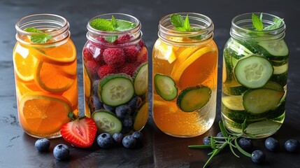 glass bottles brim with colorful fruit-infused water, each featuring a medley of fruits and herbs, offering a refreshing and healthy hydration choice.