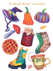 Hand drawn autumn set of 10 watercolor elements. Autumn watercolor set.