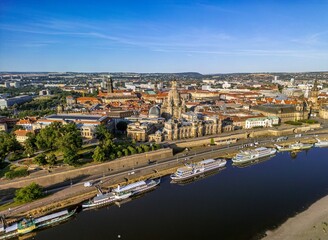 Fototapeta na wymiar The drone aerial view of River Elbe and old town of Dresden, Germany.