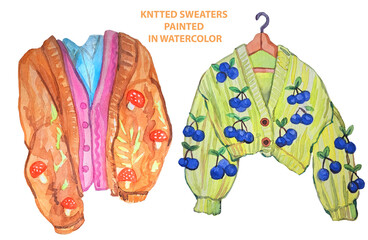 Hand drawn 2 watercolor knitted sweaters, knitting and cards