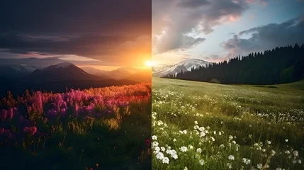 Fotobehang Beautiful summer landscape with meadow and flowers at sunset. Panorama © I