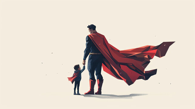 Happy father embracing kids, Daddy and child girl or boy in an Superhero's costumes. Concept of Father's day.