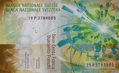 Closeup of 200 Swiss franc banknote