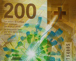 Closeup of 200 Swiss franc banknote