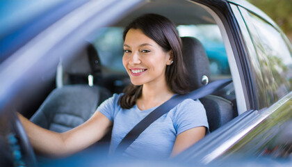 young smiling woman in driver's seat with safety belt - 744655028