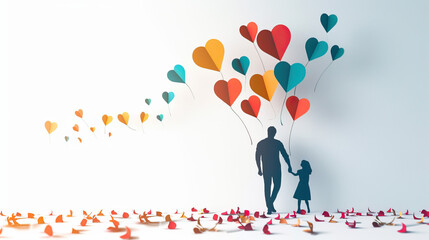 Father’s Day vector illustration card. Silhouettes of dad and children isolated on adventure landscape with beautiful paper cut heart shape balloons 