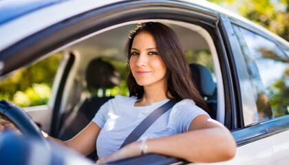 young smiling woman in driver's seat with safety belt - 744655053