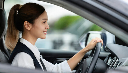 side view of woman driving a car - 744655078