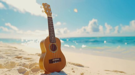 A lone ukulele stands on the sandy shores of a beach, with the bright sun reflecting off the ocean horizon in the background.