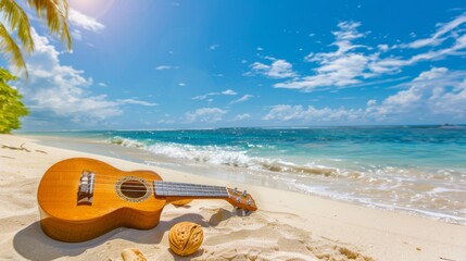 A wooden ukulele lies on white sand, accompanied by a seashell and walnut, with a backdrop of a turquoise sea, under a clear blue sky on a tropical beach.