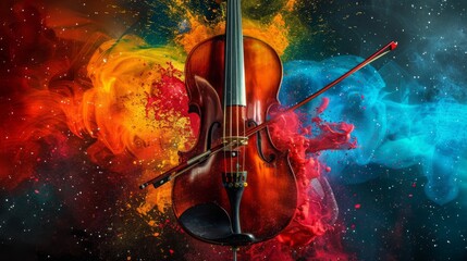 A violin and bow amidst a dynamic explosion of colorful powders, symbolizing the vibrant and explosive impact of music on the senses.