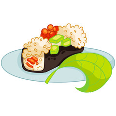 Futomaki sushi roll containing salmon meat, sweat pepper rice, caviar, avocado, cucumber on a white background. Japanese cuisine, traditional food icon. Vector illustration.