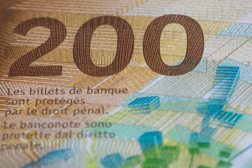 Fototapeta na wymiar Closeup of 200 Swiss franc banknote