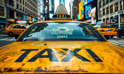 Iconic yellow taxi sign against a clear blue sky, symbolizing urban transportation, public cab services, and city life connectivity