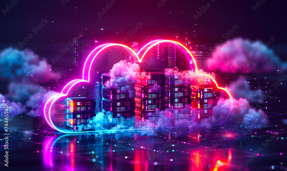 Aufkleber futuristic neon cloud computing concept with glowing, cybernetic server racks within a cloud icon, r