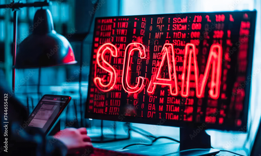 Poster cybersecurity threat concept with the word scam in bold red letters on a computer screen, signifying