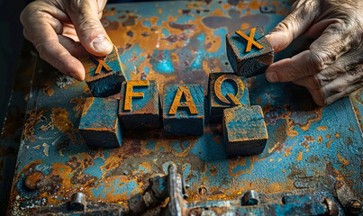 Close-up of someone's hands arranging wooden blocks with letters spelling FAQ on a rustic, aged metallic surface, representing information, support, and guidance