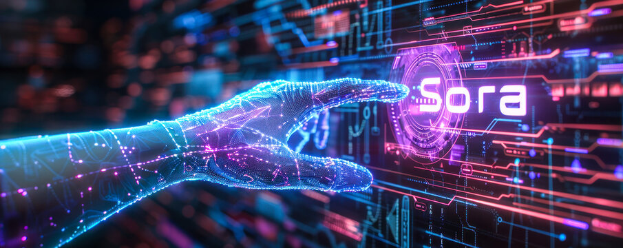 Futuristic digital representation of 'Sora,' a conceptual AI from OpenAI, displaying an intricate interface of neon circuitry and glowing text across a human-like visage
