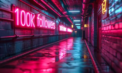 Foto op Plexiglas Futuristic neon-lit corridor celebrating a milestone of 100K followers, symbolizing social media success and digital influence in a modern world © Bartek