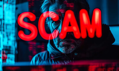 Cybersecurity threat concept with the word SCAM in bold red letters on a computer screen, signifying internet fraud, hacking, and online deception dangers - obrazy, fototapety, plakaty