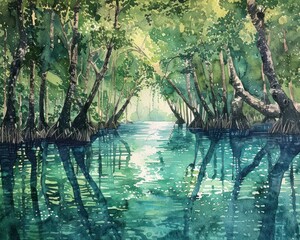 Mangrove forest, watercolor reflections, tranquil waters --ar 5:4 --v 6