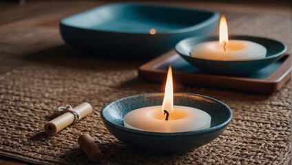 Zen meditation space with candles, yoga mats, and soothing colors. Perfect for wellness and mindfulness blogs.