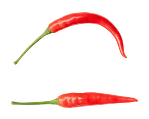 Top view and flat lay of curved fresh red chili peppers in set isolated with clipping path in png file format