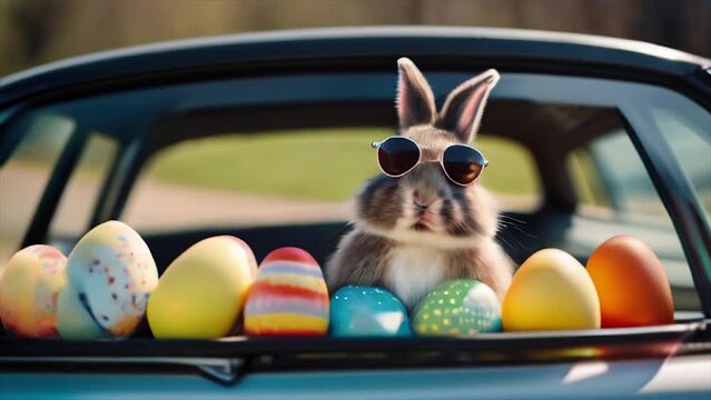Easter bunny wearing glasses with easter egg in a car window. Suitable for Happy Easter video.