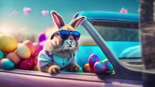 Easter bunny wearing glasses with easter egg in a car, dreamy, fantasy. Suitable for Happy Easter video.