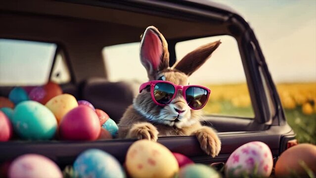 Easter bunny wearing glasses with easter egg in a window of a moving car. Suitable for Happy Easter video.