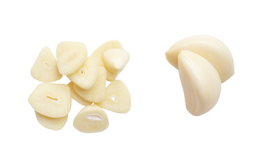Top view set of peeled garlic cloves and slices isolated with clipping path in png file format