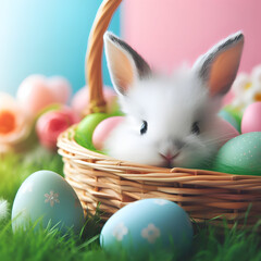 A fluffy white Easter bunny perches on a grassy basket, exuding charm in a spring tableau. A delightful symbol of renewal and joy amidst nature's vibrant embrace