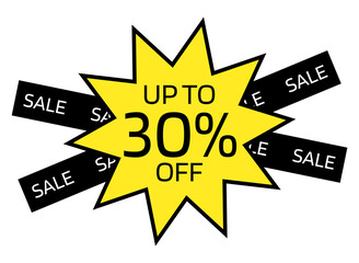 Up to 30% OFF written on a yellow ten-pointed star with a black border. On the back, two black crossed bands with the word sale written in white.