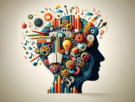 A silhouette profile of a head exploding with colorful and creative symbols of innovation, ideas, science, and art representing the mind's imagination and creativity.Knowledge concept.AI generated.