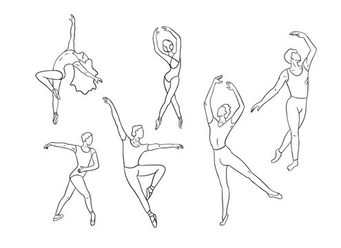 Hand drawn sketch outline set with dancing people. Black contour collection of women and men dancing classic dances, ballet. Sketch isolated drawings on white background for coloring pages, tattoo
