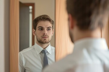Young Professional Man Checking Appearance in Mirror, Confidence Concept