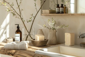 Fototapeta na wymiar Natural Bathroom Aesthetics with Handmade Soaps