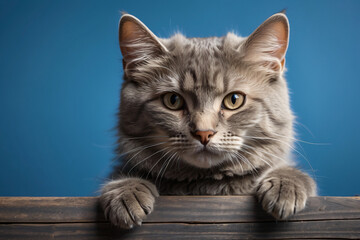 cat behind wood on blue background