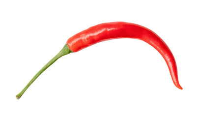 Top view and flat lay of single fresh red curved chili pepper isolated with clipping path in png...
