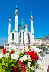 The Kul Sharif Mosque and beautiful flowers. Kazan Kremlin. Republic of Tatarstan. Kazan. Russia