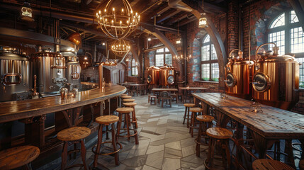 Interior of classic pub with copper beer brewing tanks