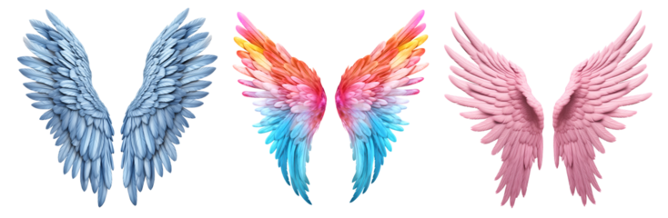 Set of pastel colourful and blue pink, angel devil wings on transparent background cutout, PNG file. Mockup template for artwork graphic design